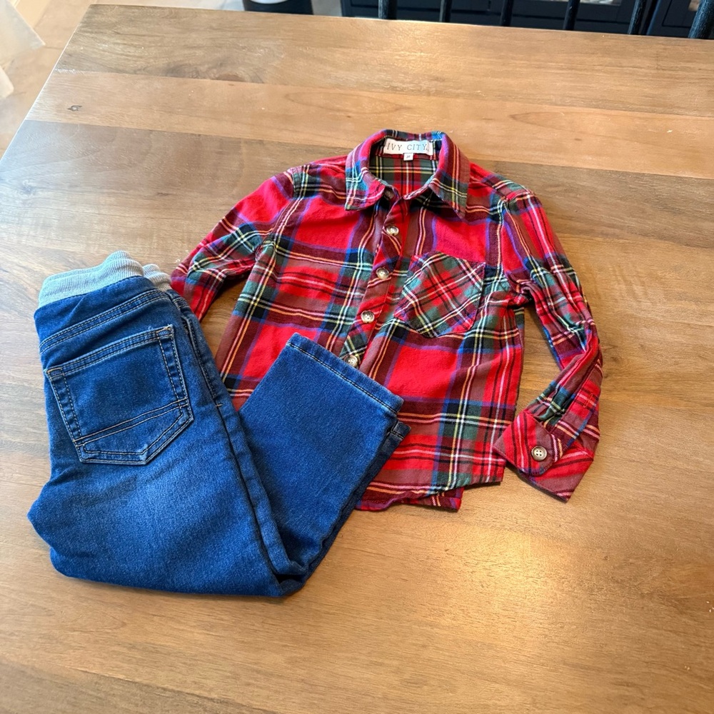 Boys Red Plaid Shirt and Blue Jeans Set - 3T holiday Christmas festive 🎄❄️ - Picture 6 of 6